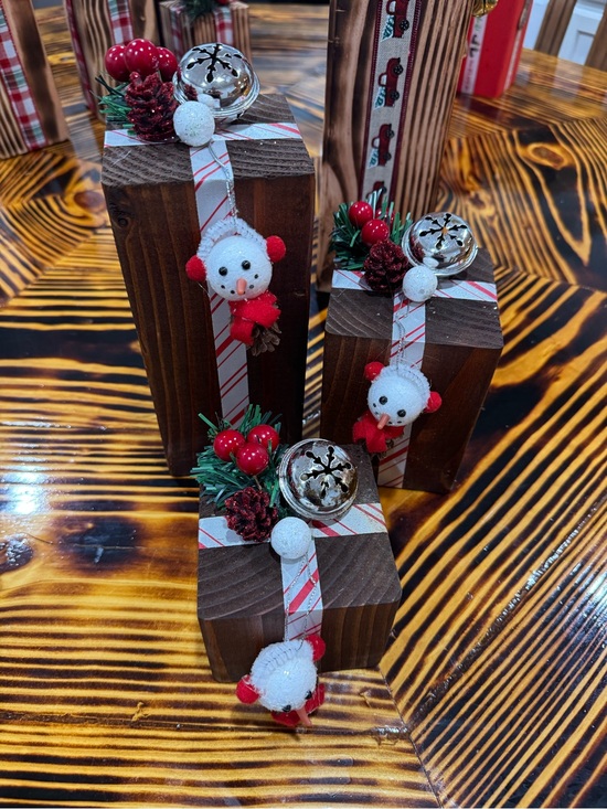 Other - Festive Snowman Wooden Gift Block Décor - Red & White